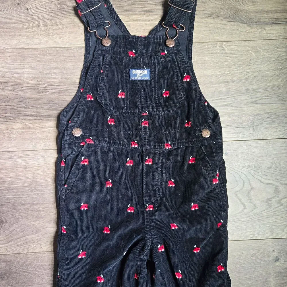 OshKosh Bgosh 4T Black Corduroy Overalls Red Train Engine Locomotive Toddler Boy